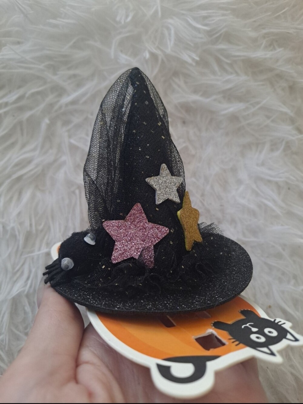 Halloween Black Witch Har Hair Clip w Spider & Star Appliqués Glitter Mesh